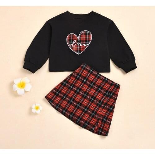 2-8Y Valentines Day Kids Girls Clothes Sets Heart Plaid Print Long Sleeve Pullover Sweatshirt Tops A-Line Skirts