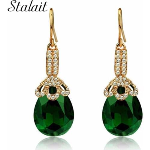 New Style Water Drop Earring Gold Color Full Rhinestones Leave Green Crystal Earring Pin For Mummy Jewelry Accessories Party
