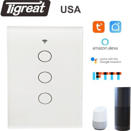 Tigreat WIFI Light Switch Wall Touch Glass USA Tuya Smart Home Socket Remote Voice Timer Control Alexa Google IFTTT