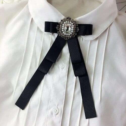 Vintage New Woman Brooches Black Ribbon Big Long Bowknot Rhinestones Flower Brooch Collar Shirts Accessories Fashion Jewelry