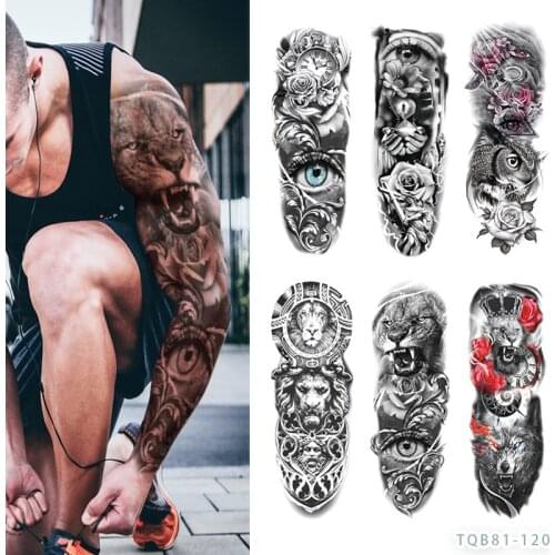 Large Full Arm Temporary Tattoo Sleeve Tattoos Fake Body Art Lion Tiger Wolf Rose Pumpkin Arm Chest Shoulder Tattoo Black tattoo