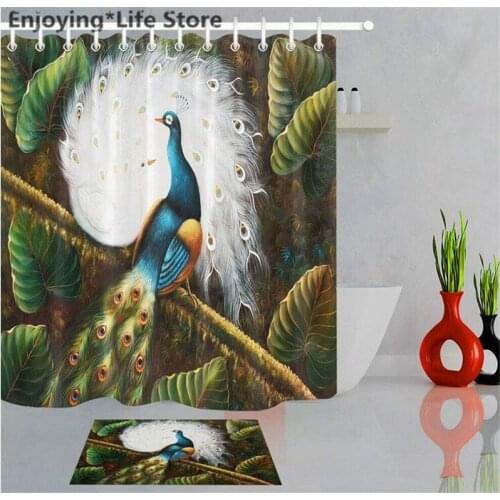 Peacock Design Shower Curtain 12 Hooks Shower Curtain Set Bathroom Bath Mat Rugs Waterproof Fabric with Mat 12 Hooks