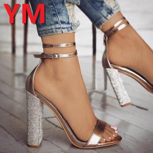 New Sandalias Crystal Mujer 2020 Women Heeled Sandals Buckle Strap Heel Square High Heels Pumps Dress Office High Heels Sandals