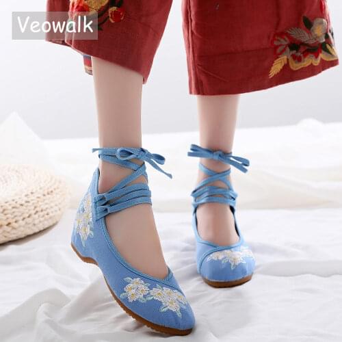 Veowalk Flowers Embroidered Women Canvas Embroidered Ballet Flats Long Ankle Strap Casual Flat Shoes Ladies Walking Ballerinas