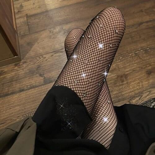 Women Sexy High Waist Hollow Out Fishnet Pantyhose Shiny Glitter Rhinestone Tights Sheer Mesh Nylon Stockings Clubwear