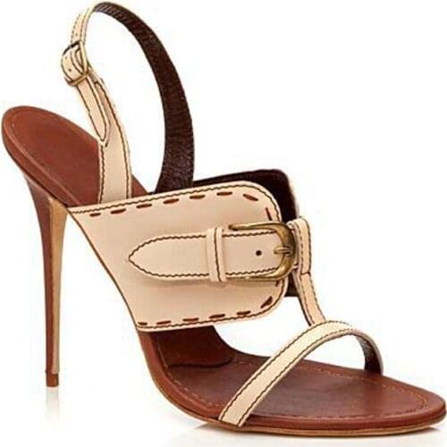 Woman Sewed Leather Buckle T-Strap Sandals Gladiator Back Strap Thin High Heels Peep Toe Summer Mixed Color Party Sandals