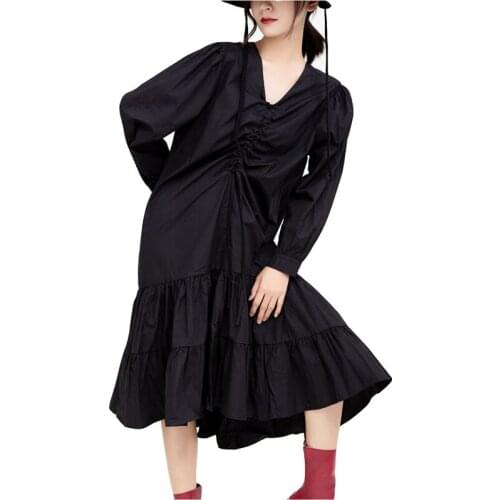 Womens Drawstring Pleated Lotus Leaf Large Swing Long-Sleeved Dress 2021 Spring Autumn V-neck Casual Women Dress Vestidos NBH13