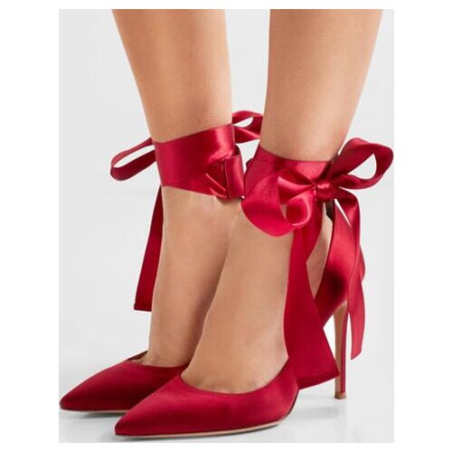 New Fall strap Bowknot high heels sandals women sexy Bowknot pointed toe lace up bow silk satin wedding shoes large size