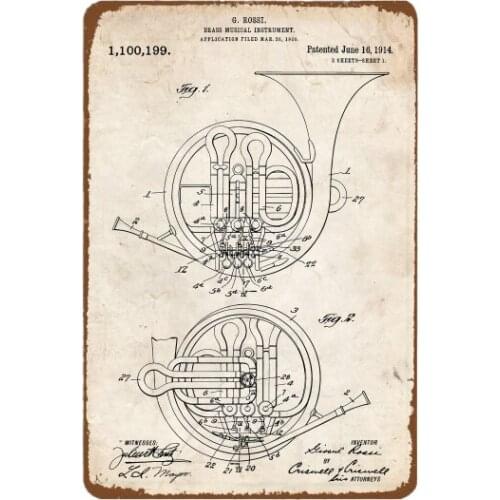 French Horn 1914 Print Wall Art Poster Blueprint Gifts Music Room Decor Vintage Tin Metal Sign