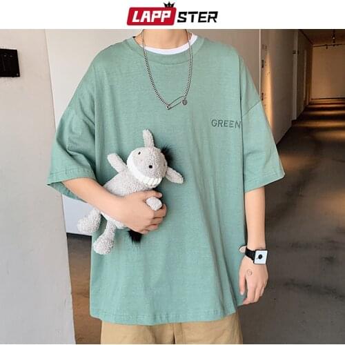 LAPPSTER Men Embrodiery Solid Graphic T-Shirts 2021 Summer Mens Korean Black T-Shirts Male Harajuku Japanese Streetwear Tees 5XL