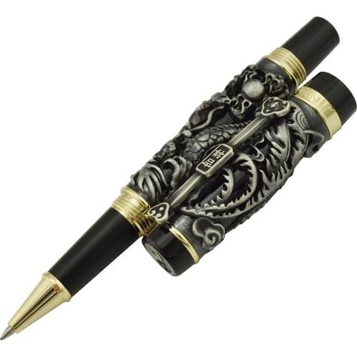 Jinhao Dragon Phoenix Vintage Luxurious Rollerball Pen, Metal Carving Embossing Heavy Pen, Noble Gray & Black for Office