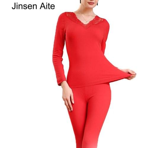 Jinsen Aite New 2018 Womens Long Johns Lace V-Neck Sexy Bottom Thermal Underwear Sets Slim Solid Cotton Female Sleepwear JS654