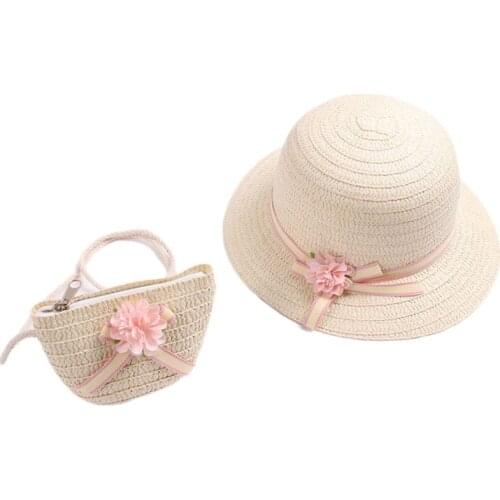 Baby Girls Summer Straw Sun Visor Hat with Zipper Shoulder Bag Sweet Candy Color Floral Bowknot UV Protection Beach Hat