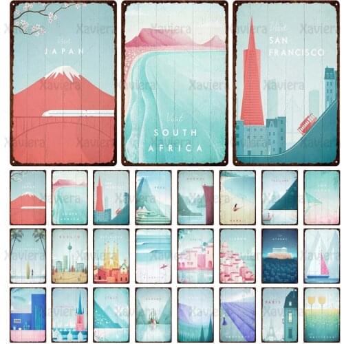 Metal Tin Sign City Travel Comic Poster Mount Fuji California Hawaii Thailand Beach Berlin Metal Iron Plate Bar Cafe Home Decor