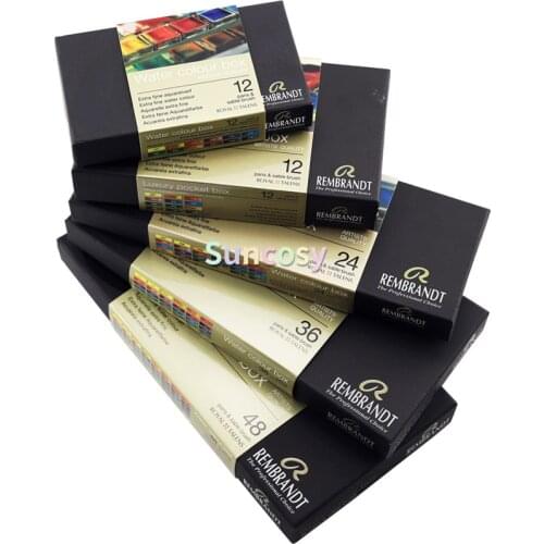 REMBRANDT Watercolor Paint Metal Tin Deluxe set with brush, 48/36/24/12 Color Solid half pan, Studio Sketch Student Creation