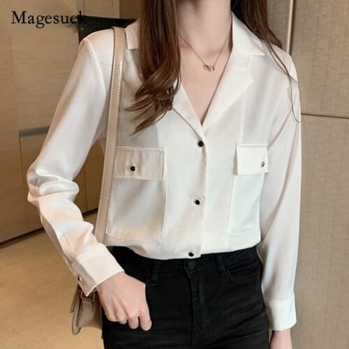 New Style Autumn and Winter 2021 Korean All-match V Neck Large Pocket Long Sleeve Chiffon Blouse Fashion Women Shirt Blusa 10492