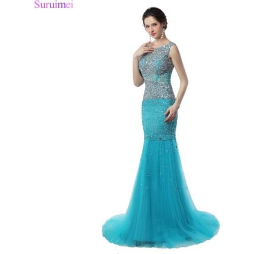 Luxurious Beaded Crystal Prom Dresses Floor Length Tulle Long Mermaid Mint Formal Prom Gown Backless Sexy Women Gown