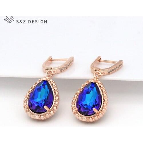 S&Z DESIGN Korean Vintage Water Drop Crystal Dangle Earrings For Women Wedding Jewelry 585 Rose Gold Eardrop Fine Luxury Gift