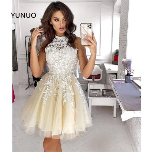 YUNUO A-line Tulle Sleeveless Homecoming Dresses 2021 O-neck Applique Lace Short Prom Dress Mini Length Party Cocktail Gowns
