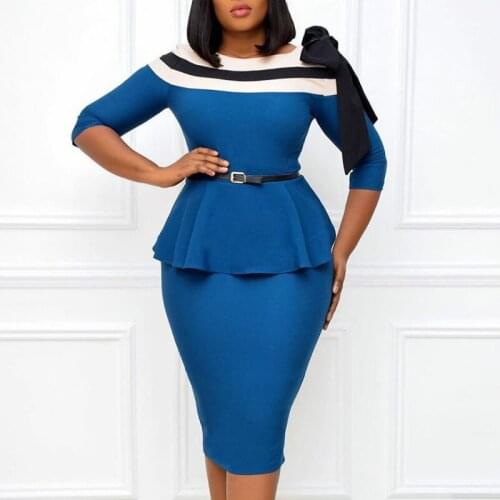 Women Elegant Dresses Slim Half Sleeves Peplum Patchwork Office Ladies Work Wear Vestidos African Femal Modest Package Hip Robes