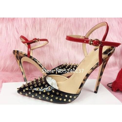 Leopard Rivets Studded Women Sandals Mixed Color Pointed Toe Buckle Strap Thin Heel European Design Sandals Femme