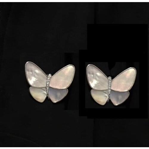 OL Style Fashion White Shell Butterfly Earrings Micro Pave AAA Premium Zircon Crystals Silver Stud Earrings for Women