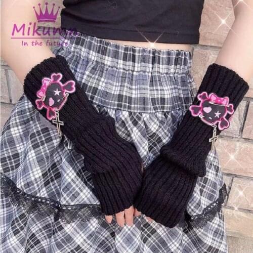 Harajuku Gothic Cute Cross Love Heart Skull Fingerless Mittens Women Warm Solid Color Knitted Half Finger Long Gloves Streetwear