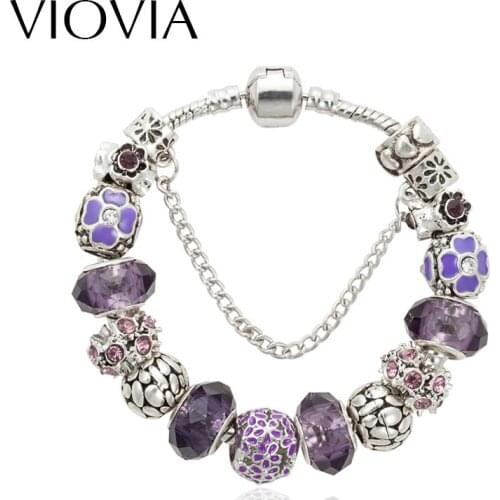 VIOVIA Murano Glass Beads Bracelet For Women Antique Silver Color Purple Crystal Beads Bracelet Fashion Jewelry B15321