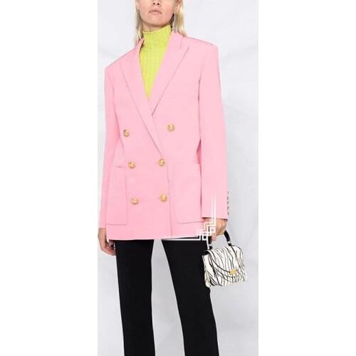 Free Shipping 2021 New Blazers Women 2021 Elegant Stylish Double Breasted Pink Blazer Jacket Office Ladies Designer Fashion