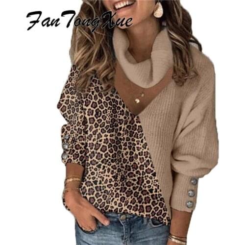 Fall Casual Sweaters Women 2021 Leopard Patchwork Solid Set Neck Vintage Ladies Tops Loose V Neck Long Sleeve OL Pullovers Women