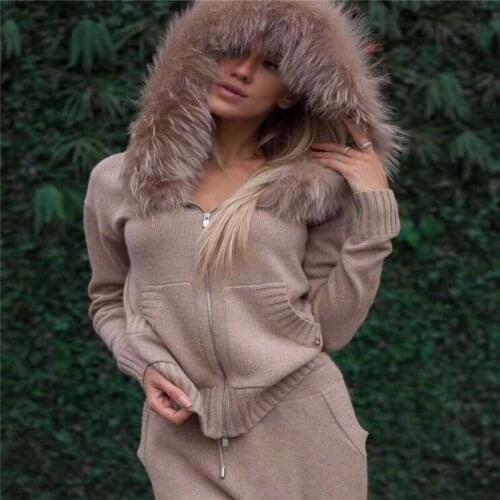2020 Drawstring Wool Real Winter Thick Cashmere Suit Female Fox Fur Collar Hooded Cardigan + Trousers Knitted 2 Piece Woman