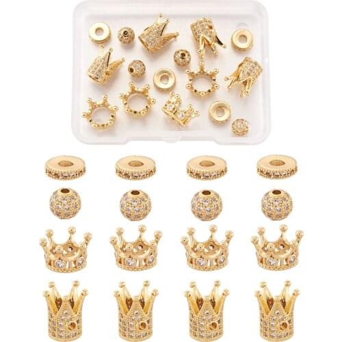 12~16pcs/Box Brass Micro Pave Clear Cubic Zirconia Crown/Ball/Flat Round Bead For DIY Bracelet Necklace Making Decor Accessories