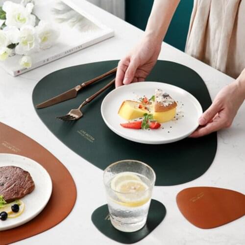 2PCS Chic Tableware Pad Placemat PU Leather Table Mat Heat Insulation Non-Slip Simple Placemats Disc Bowl Coaster Kitchen