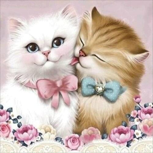 5D Diy Diamond Painting Cross Stitch Couple Cat Diamond Painting Round Rhinestones Embroidery Animals