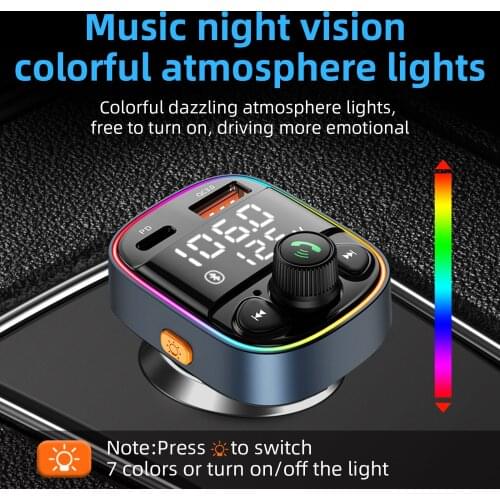 Wireless In-Car Bluetooth FM Transmitter Radio Adapter Car Kit TF/SD Card and USB Car Charger 7 Color LED Atmosphere Light