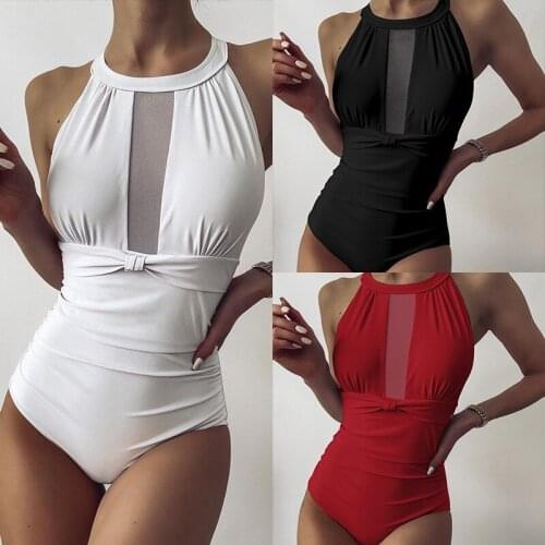 High Neck One Piece Swimsuit Women High Cut Swimwear Female Mesh Sheer Monokini See Through Bather Bathing Suit Swim Lady
