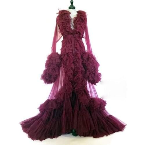 Grape Purple Long Tulle Robs Ruffles Tiered Full Sleeves Pregnant Women Dresses Baby Shower Dress Fluffy Sheer Mermaid New