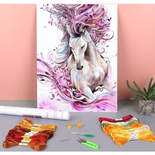 Horse Animal Printed Fabric 11CT Cross-Stitch Patterns DIY Embroidery DMC Threads Handmade Painting Craft Hobby Mulina