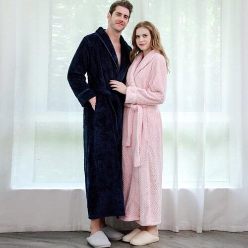 Men Plus Size Extra Long Warm Flannel Bathrobe Kimono Plaid Coral Fleece Bath Robe Navy Night Dressing Gown Women Sleepwear