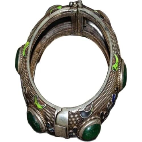 China folk old Tibetan silver Cloisonne inlaid with greenstone jade Bracelet Noble bracelet