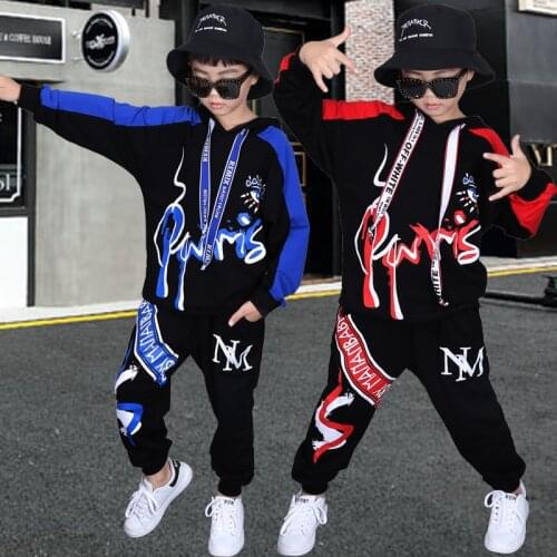 Hip Hop Childrens Clothing Suit Spring Fall Boys Fashion Printing Spliced Clothes Kids Sweatshirt + Pants 2 Pcs Streetwear B140