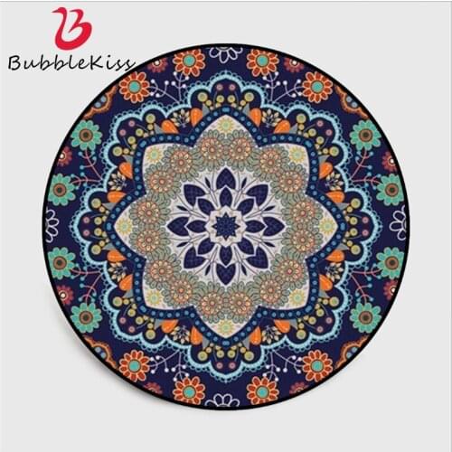Ethnic Style Round Carpet Deep Blue Flower Pattern Carpets For Living Room Sofa Coffee Table Mat Non-slip Round Floor Mats