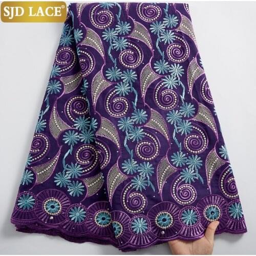 SJD LACE African Dry Lace Fabric With Stones Embroidery 5Yards Purple Swiss Voile Materials In Switzerland For Wedding Sew A2418