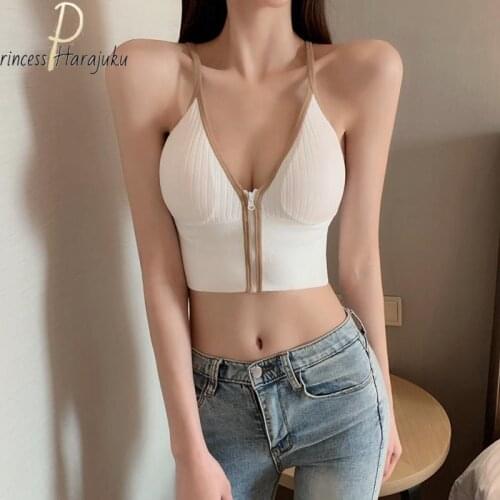 Hot Padded Femme Camis Sexy Erotic Zipper Tank Tops Spaghetti Strap Fitness Streetwear T Shirt Fashion Women Knitting Clothing