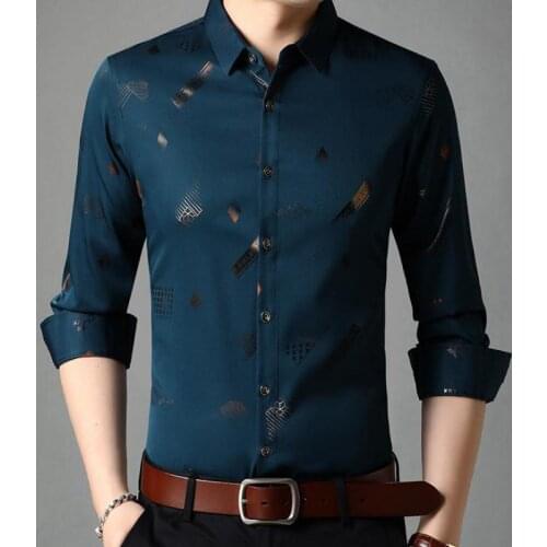 Men Stretch Blends Turn-down Collar Gold Shiny Shirts Korean Style Plus Size Mens Clothing Cardinal Work Shirts Blouses Large