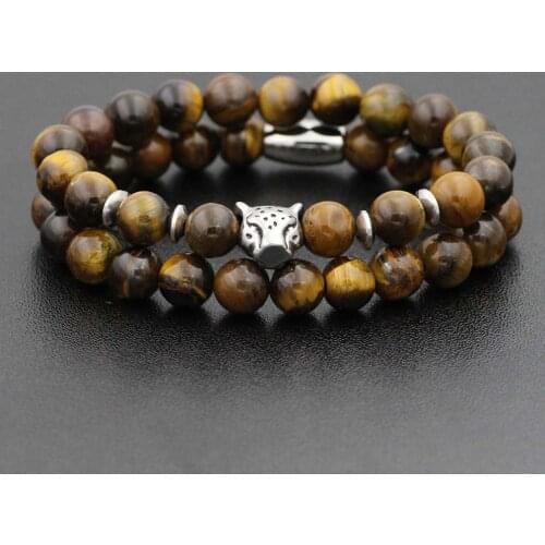 Charm paired Bracelet for Men Stainless Steel Leopard Womens Bracelets Tiger Eye Natural Stone Beads Wristband Couple Bracelet
