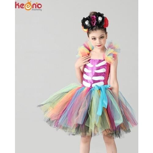 Day of the Dead Girl Skeleton Fancy Tutu Dress Halloween Dress Up Party Kids Baby Costume Funky Punk Bones Tutu Dress for Girls