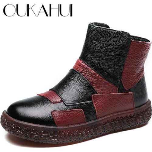 OUKAHUI Winter Vintage Genuine Leather Mixed Colour Short Ankles Boots Woman With Plush Spring Warm Casual Flat Ladies Boots