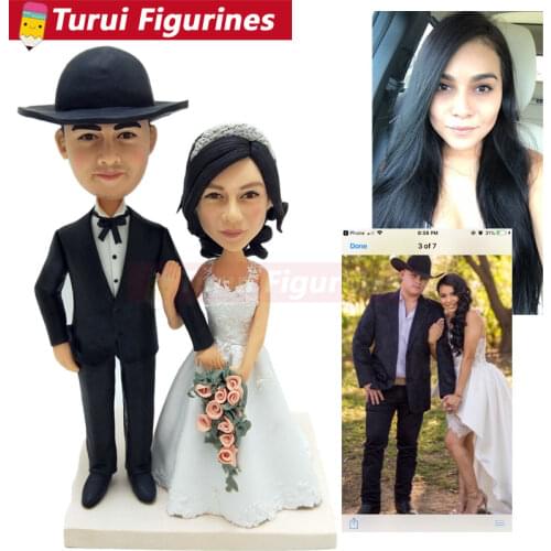 Couples get married holding a flower wedding cake topper custom design handmade sculpted mini real human face figurine