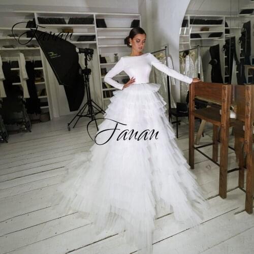 New O-Neck Long Sleeve A-Line Wedding Dresses Backless Tiered Simple Tired Skirt Bridal Gown robe de soirée de mariage платье